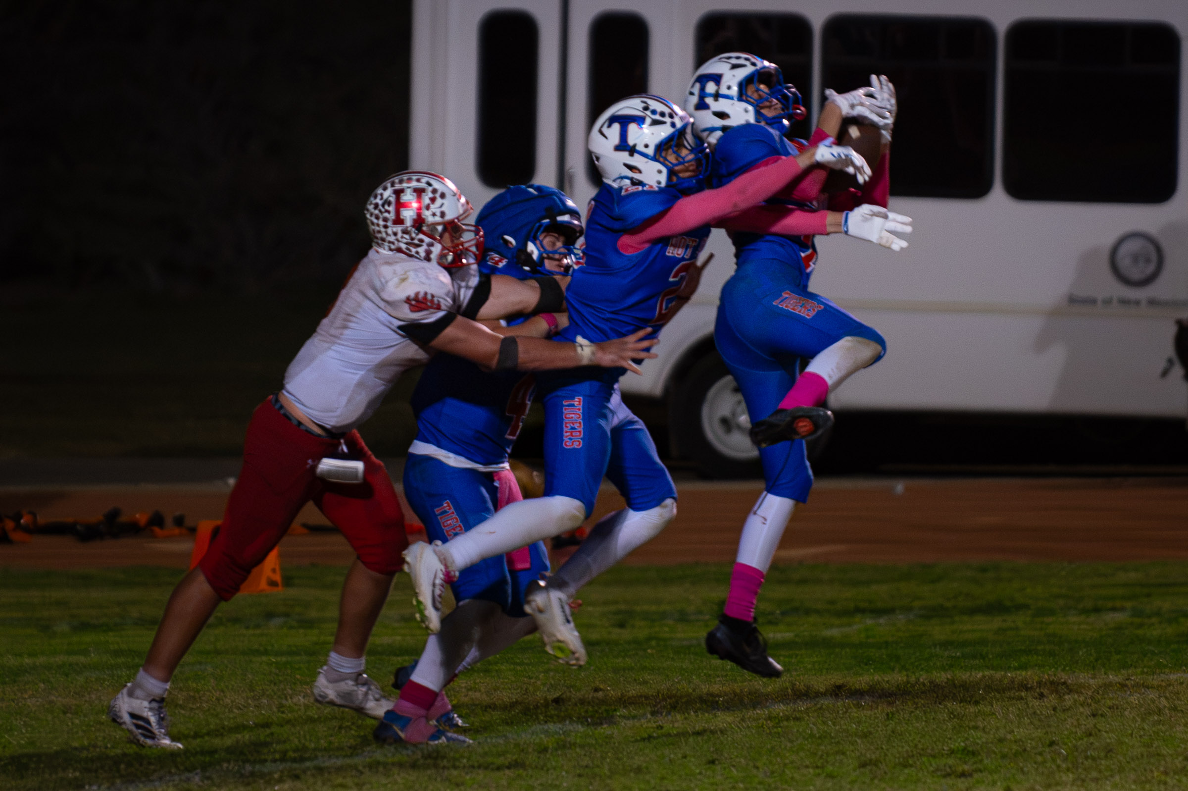 Hot Springs junior Billy Baca (#18) leaps to deflect a Hatch Valley pass on the final play of the Tigers’ 20–14 victory.